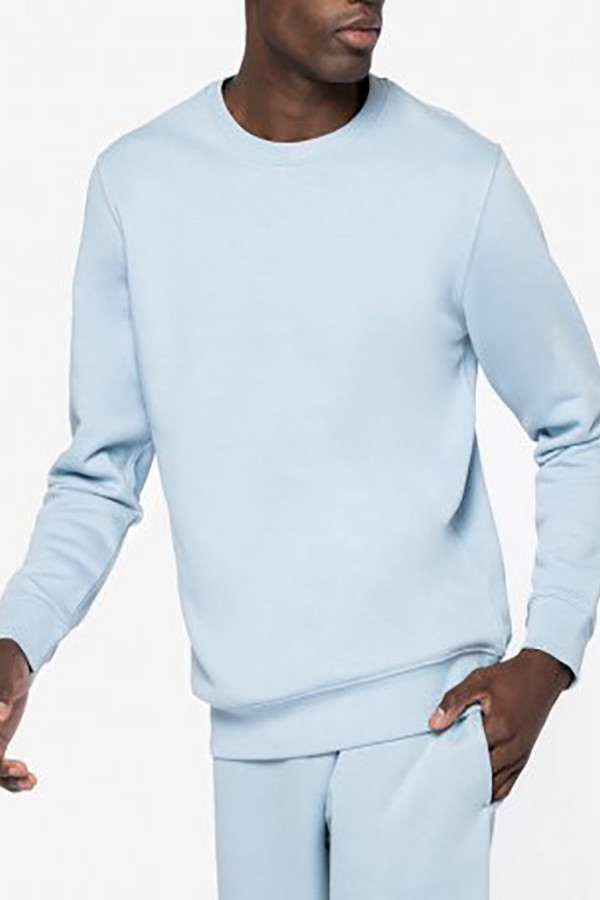 Aquamarine crew neck sweatshirt 85% organic cotton and 15% post-consumer recycled polyester.