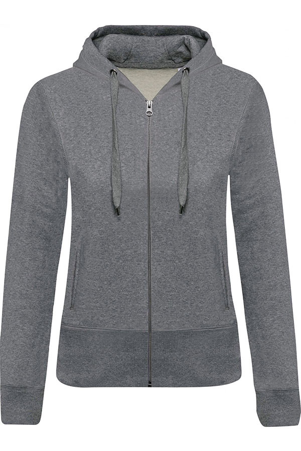 Organic hooded zipped jacket. 80% organic cotton / 20% polyester. Brushed fleece.