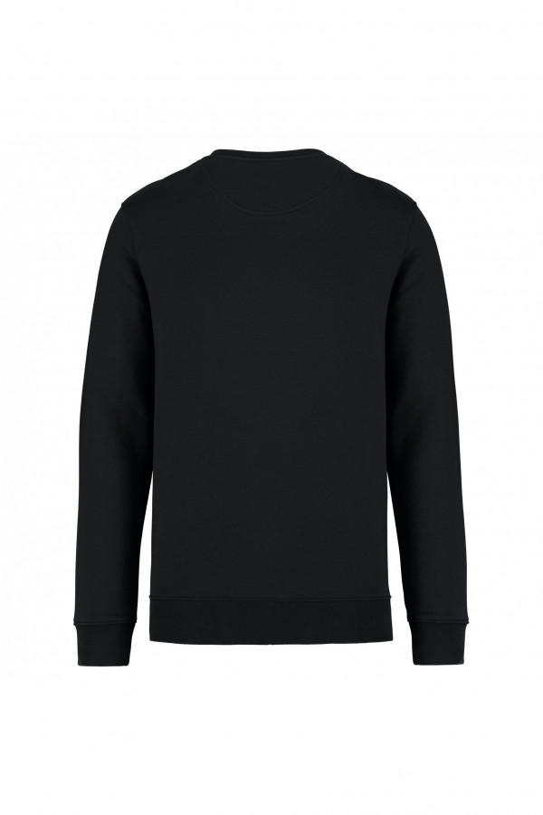 Black round neck sweatshirt. 85% organic cotton and 15% post-consumer recycled polyester.