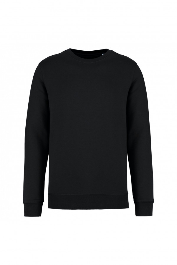 Black round neck sweatshirt. 85% organic cotton and 15% post-consumer recycled polyester.