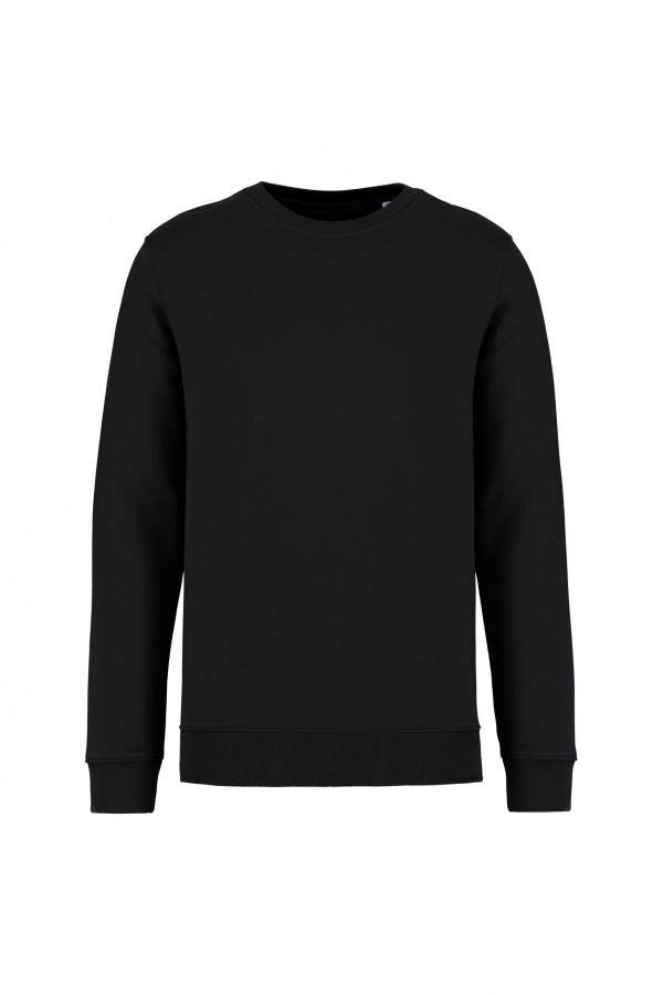 Sweat-shirt col rond noir. 85% coton biologique et 15% polyester recyclé post-consumer.