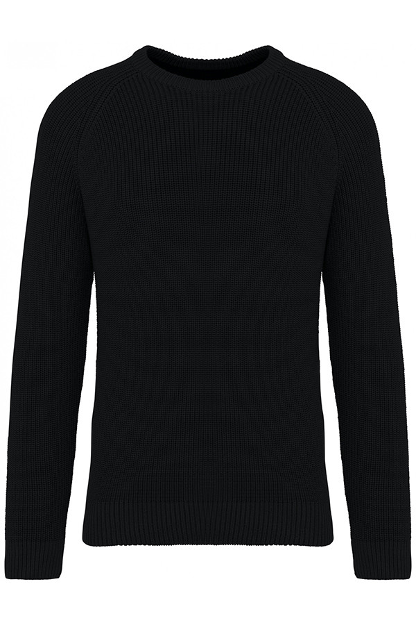 Black round neck sweatshirt. 85% organic cotton and 15% post-consumer recycled polyester.