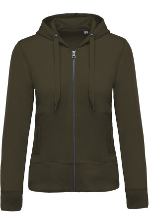 Women's organic hooded zipped jacket. 80% organic cotton / 20% polyester. Brushed fleece.