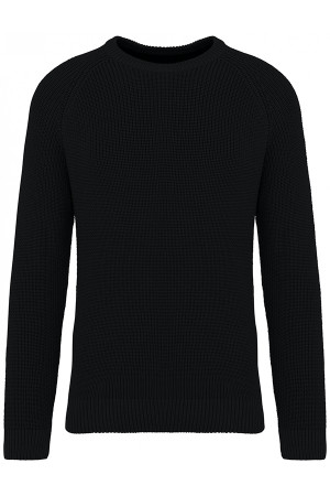 Black round neck sweatshirt. 85% organic cotton and 15% post-consumer recycled polyester.